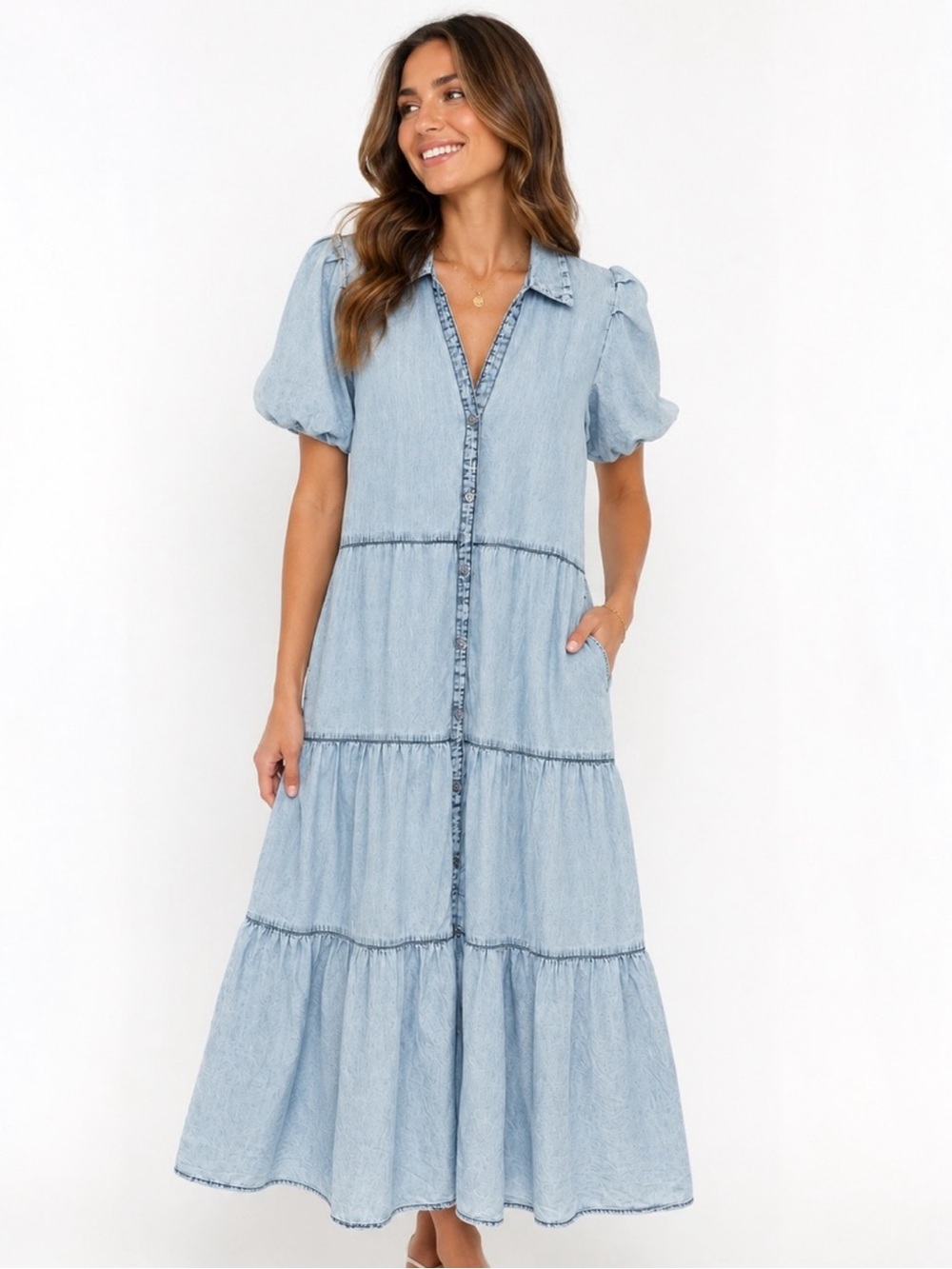 Elan chambray tiered Maxi Dress M - Picture 2 of 10